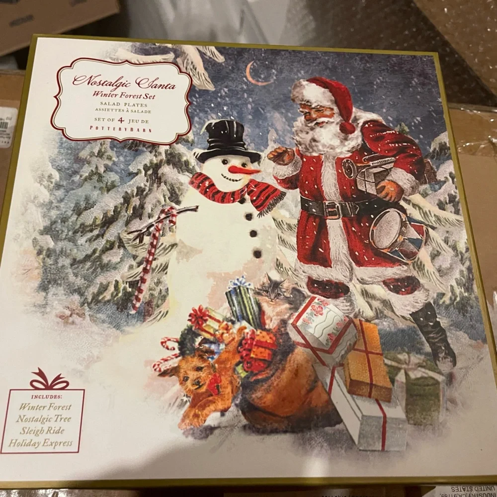 Pottery Barn Nostalgic Santa Winter Forrest Salad Plate Set of 4 - NIB - Picture 1 of 8
